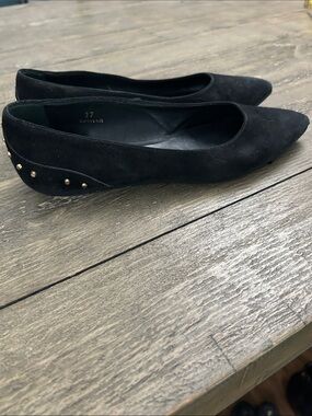 Black Suede Pointed Toe Studded Ballet Flats - Women